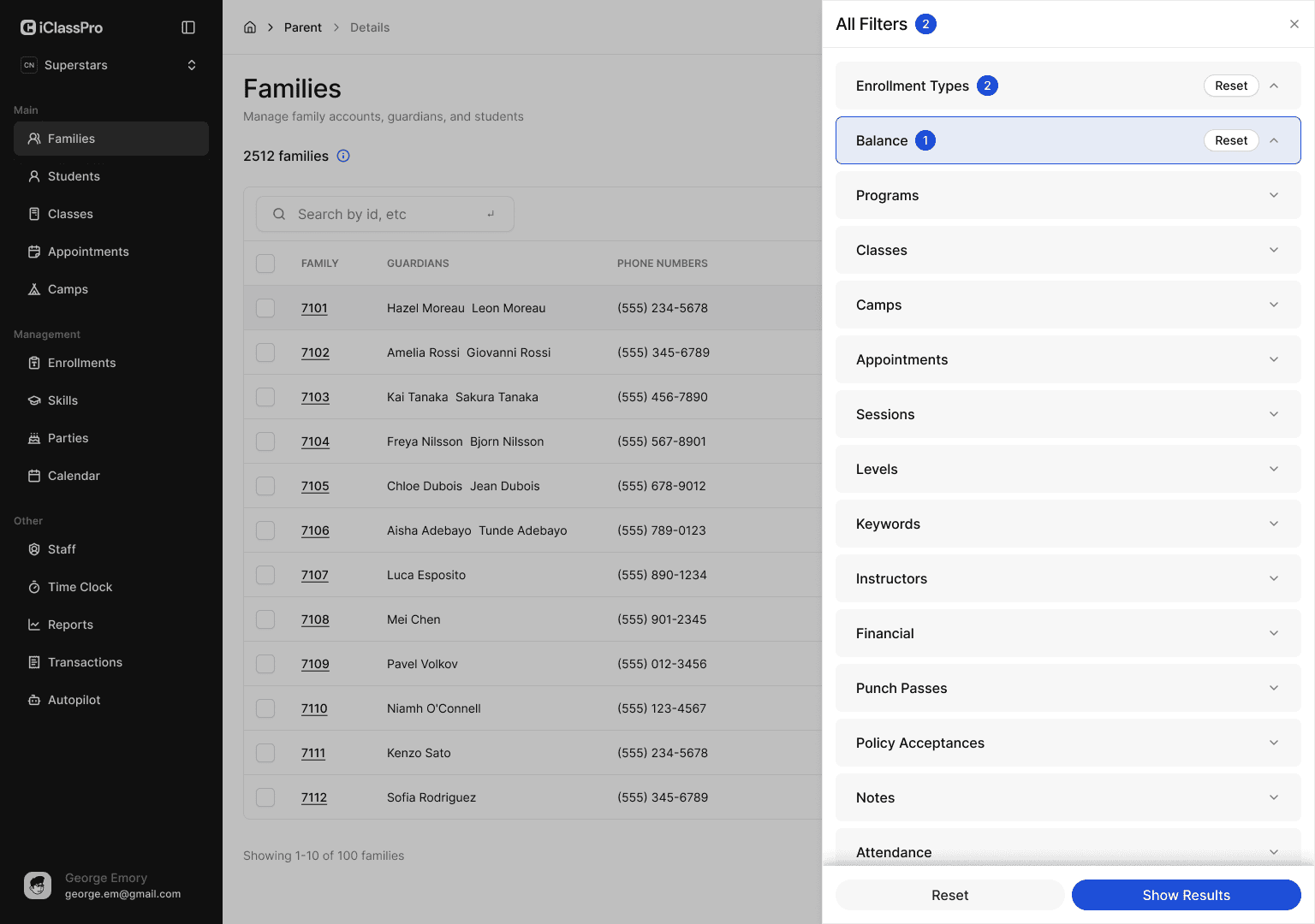 The full filter set in a drawer, surfacing every dimension without leaving the list.
