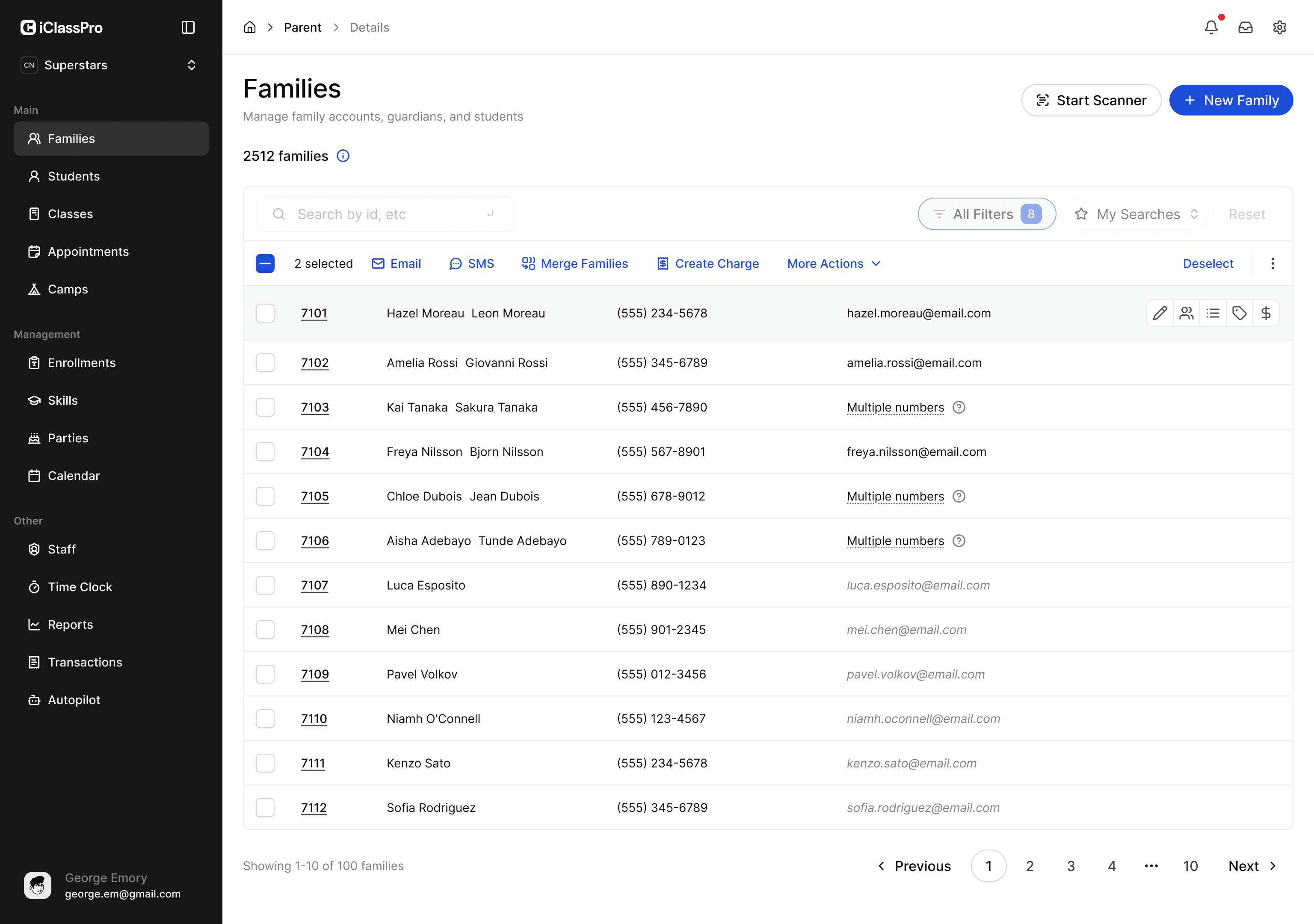 Bulk actions appear in context once families are selected.